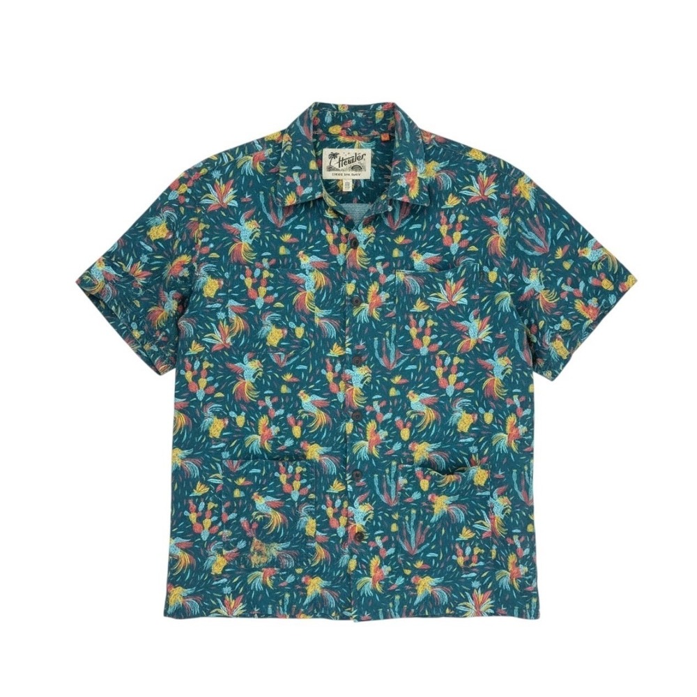 Howler Bros Dobby Camp Guayabera 4 Pocket Shirt Men S Blue Gallos Roosters